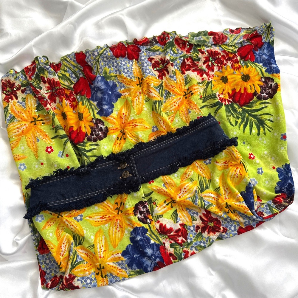 Vanity Y2K Floral Sequin Midi Skirt Lime Green Denim Waist Fringe Trim Large